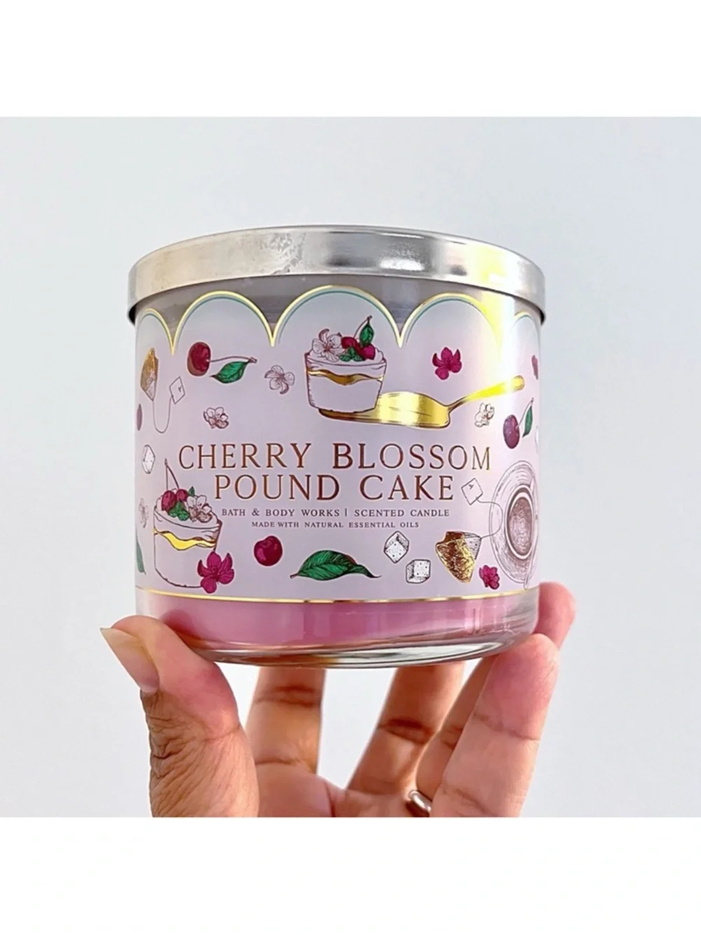 Bath & Body Works Cherry Blossom Pound Cake 3 Wick Scented Candle - Pink
